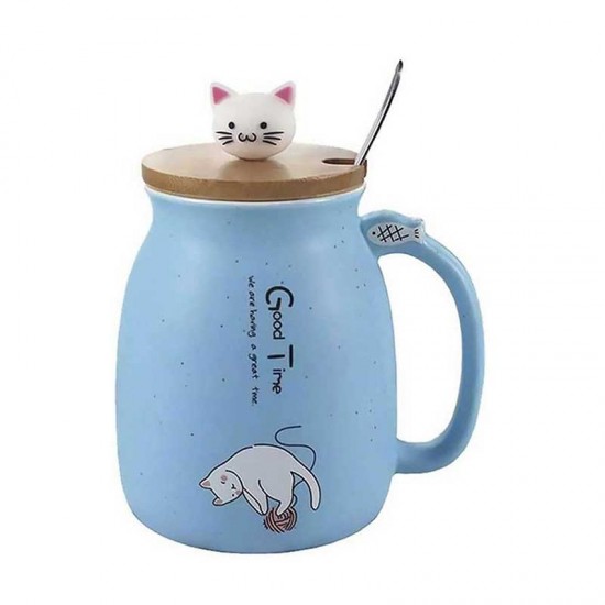 Cute Cat Ceramic Mug With Lid And Spoon Blue 450ml