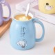 Cute Cat Ceramic Mug With Lid And Spoon Blue 450ml