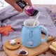 Cute Cat Ceramic Mug With Lid And Spoon Blue 450ml