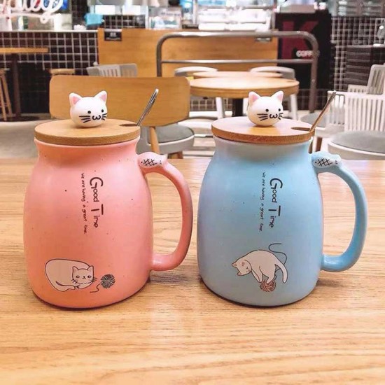 Cute Cat Ceramic Mug With Lid And Spoon Blue 450ml