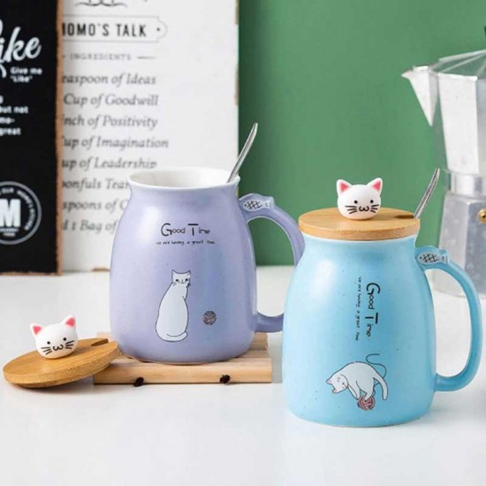 Cute Cat Ceramic Mug With Lid And Spoon Blue 450ml