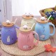 Cute Cat Ceramic Mug With Lid And Spoon Blue 450ml