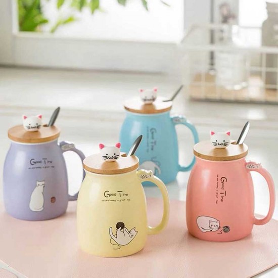 Cute Cat Ceramic Mug With Lid And Spoon Blue 450ml