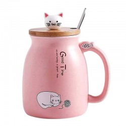 Cute Cat Ceramic Mug With Lid And Spoon Pink 450ml