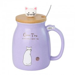 Cute Cat Ceramic Mug With Lid And Spoon Purple 450ml