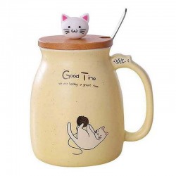 Cute Cat Ceramic Mug With Lid And Spoon Yellow 450ml